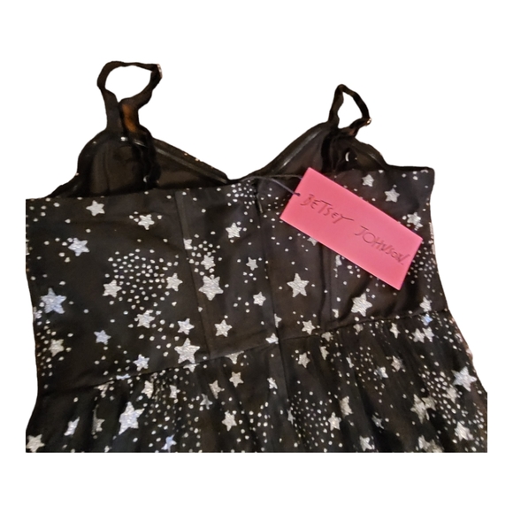 NEW Betsey Johnson Bustier Cup Silver Stars Midi Dress Black Mesh Tiered Size 8 - Picture 13 of 16